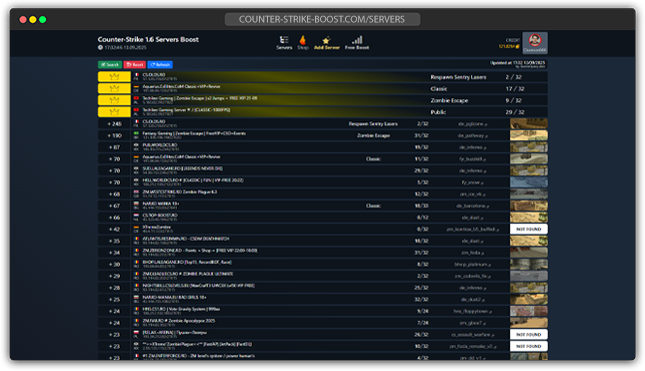 Counter-Strike 1.6 active servers hub with stats and maps